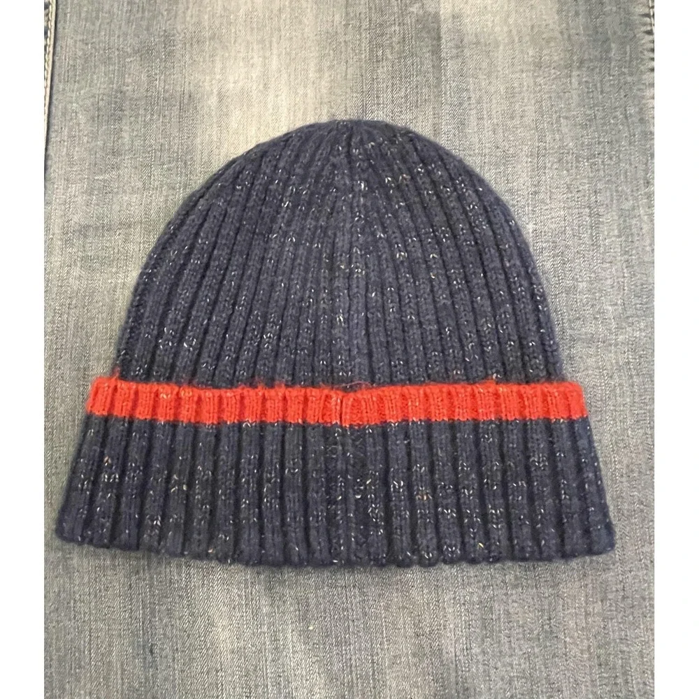 Tommy Hilfiger Hat Beanie Fitted Mens Navy Red Ribbed Knit Logo Winter Speckled